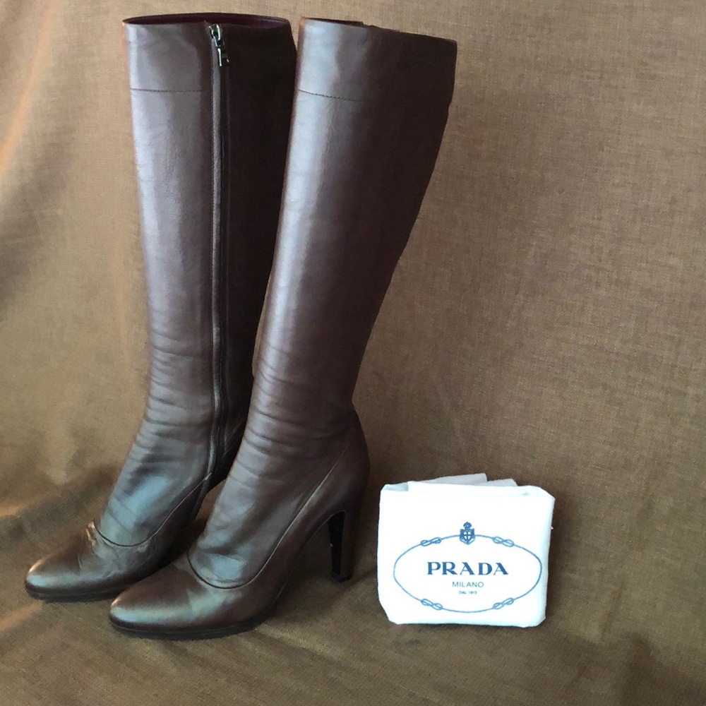 Prada knee-high brown Italian leather boots.